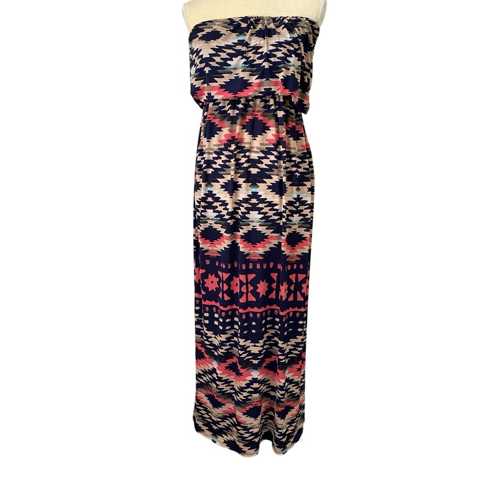 Trixxi Navy Coral Beige Geometric Strapless Maxi Dress M Lined Long